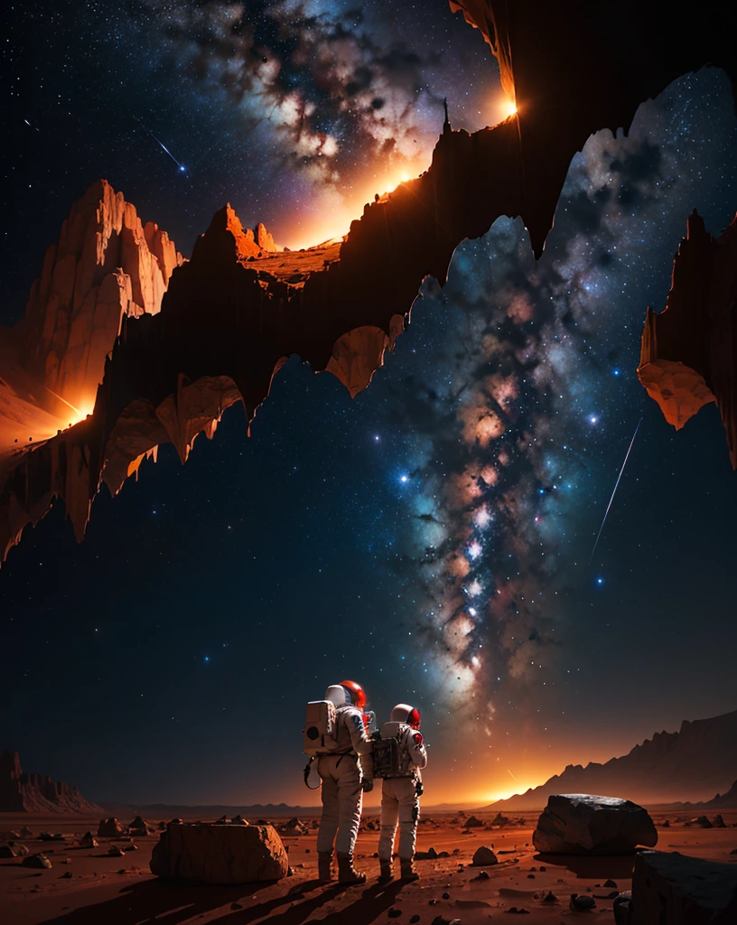 Create a painting of two astronauts standing back-to-back on Mars at night. The environment should be very rocky, with numerous stones scattered around. The Martian terrain is illuminated by the faint light of distant stars and the astronauts' headlamps. The sky is dark and filled with stars, highlighting the reddish hue of Mars' surface."