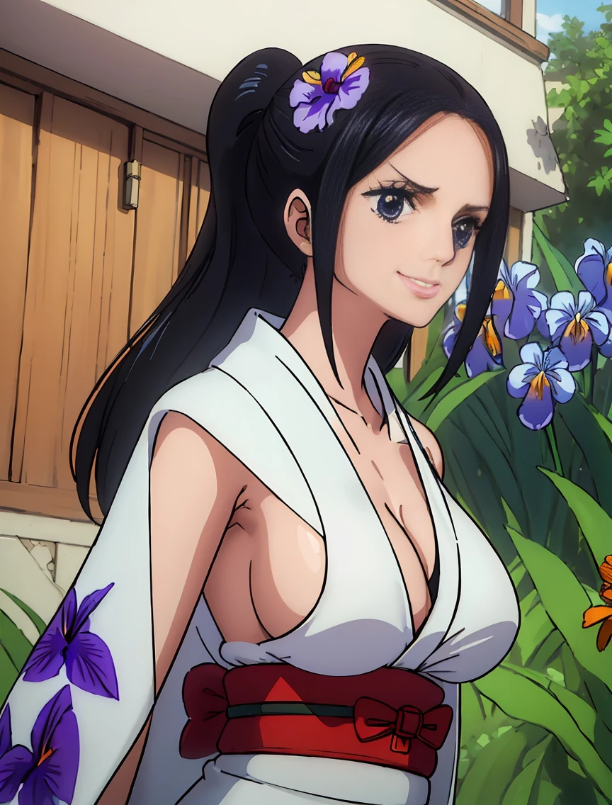 ((((Very nice smile))))、((Direct your gaze this way))、1 girl,NsfW,(one peace wanokuni edition)、((ponytail、Red ribbon on the tie)) 、((they say olobi))、((A very sexy mini kimono dress with a large slit、(((Kimono obi)))、(((The white kimono is decorated with purple iris flowers)))、((Wearing a black haori with a red lining)),Exposed underboob)):1.2, White costume,((Short costume)),nico robin,(ONEPIECE),((Huge breasts 1.8)), clavicle, Glowing purple eyes,absurdists, brainwashing,Hollow Eyes, ((Expressionless, Emotional removal)),avert your eyes , Full body portrait, Outdoor,Dim Alley,night, (highest quality、4K、8K、High resolution、Must have:1.2)、Very detailed、(reality、It is realistic.、Realistic:1.37)、ticker、hyper HD、Studio Lighting、Ultra High Definition Paint、Sharp focus、Physically Based Rendering、Extreme Detail、Professional specifications、Vibrancy and color、Blurred、Sports portrait、landscape、Horror Style、Anime Big Tits、sf、photograph、Concept Artist、Five Fingers, Perfect body, {{{masterpiece}}}, {{{highest quality}}}, {{Very detailed}}, {shape}, {{Very delicate and beautiful}},Improved cost performance、all roles、Canon 5D MK4でphotograph、photograph,