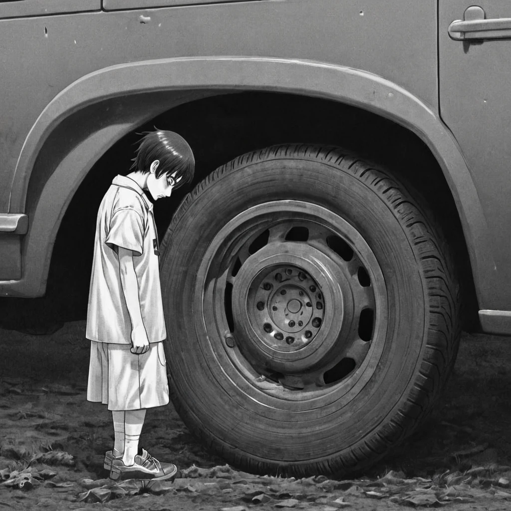 putting tire, (anime), bizarre scenario, This is Junji, Yusuke Murata, black and white, 8K, anime, horror