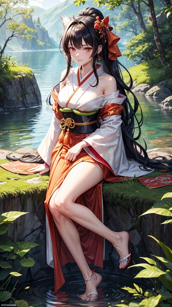charachter: Young Woman Inspired by Nezuko Kamado General Appearance:
- Hair: long, black and wavy with orange tips. Part of the hair is tied up with a big red bow., with orange ornaments on the back of the head. 
- Eyes: grandes e expressivos, bright pink color.
- First: Soft e pálida, highlighting the character&#39;s youth and delicacy.

badass clothing:
- Kimono: traditional japanese, light pink color, with white geometric details. 
  - Upper part: Leaves shoulders partially exposed, with long, wide sleeves that add a touch of elegance.
  - Bottom: Fitted to gracefully reveal legs.
- Heart: rot, complemented by a golden bow that stands out at the waist.

Accessories:
- Bow and Adornments: A large red bow holds part of the hair, accompanied by orange adornments on the back of the head.
- Object in Hand: In the right hand, She holds a thin, red object, como uma fita ou lanyard, adding an element of delicacy to the pose.

Poses and Environment:
- Pose: Sitting sideways by a lake.
  - Legs: One leg bent and the other extended.
  -Hands: The right hand holding the ribbon/lanyard, and the left hand resting lightly on the bent knee.
  - Face: Slightly tilted downwards, with a serene expression, as if deep in thought.
-Scenario: Natural and serene.
  - Lake: Crystal clear water reflecting the soft sunlight.
  - Vegetation: Mossy stones and dense vegetation around.
  -Lighting: Soft, highlighting the soft contours of the young woman and creating golden reflections on the water surface.

Specific Details:
- Facial Expression: Quiet and contemplative, with a slight smile or thoughtful look.
- Textura das badass clothing: The kimono should look fluid and smooth, with natural folds that follow the shape of the body.
- Natural environment: It should convey a feeling of peace and harmony, with soft colors and elements that highlight the tranquility of the moment.
