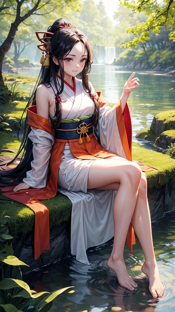 charachter: Young Woman Inspired by Nezuko Kamado General Appearance:
- Hair: long, black and wavy with orange tips. Part of the hair is tied up with a big red bow., with orange ornaments on the back of the head.
- Eyes: grandes e expressivos, bright pink color.
- First: Soft e pálida, highlighting the character's youth and delicacy.
badass clothing:
- Kimono: traditional japanese, light pink color, with white geometric details.
- Upper part: Leaves shoulders partially exposed, with long, wide sleeves that add a touch of elegance.
- Bottom: Fitted to gracefully reveal legs.
- Heart: rot, complemented by a golden bow that stands out at the waist.
Accessories:
- Bow and Adornments: A large red bow holds part of the hair, accompanied by orange adornments on the back of the head.
- Object in Hand: In the right hand, She holds a thin, red object, como uma fita ou lanyard, adding an element of delicacy to the pose.
Poses and Environment:
- Pose: Sitting sideways by a lake.
- Legs: One leg bent and the other extended.
-Hands: The right hand holding the ribbon/lanyard, and the left hand resting lightly on the bent knee.
- Face: Slightly tilted downwards, with a serene expression, as if deep in thought.
-Scenario: Natural and serene.
- Lake: Crystal clear water reflecting the soft sunlight.
- Vegetation: Mossy stones and dense vegetation around.
-Lighting: Soft, highlighting the soft contours of the young woman and creating golden reflections on the water surface.
Specific Details:
- Facial Expression: Quiet and contemplative, with a slight smile or thoughtful look.
- Textura das badass clothing: The kimono should look fluid and smooth, with natural folds that follow the shape of the body.
- Natural environment: It should convey a feeling of peace and harmony, with soft colors and elements that highlight the tranquility of the moment.