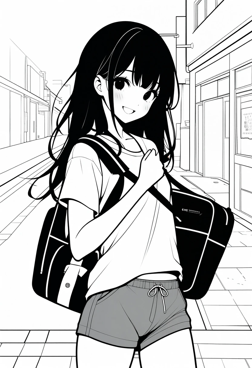 ​masterpiece, best quality, 1girl, jyt:4, grayscale, style: manga, japanese, chi no wadachi, black eyes, street, iced, black hair, schoolbag, smile, lineart, white background, white shirt, grey shorts,
