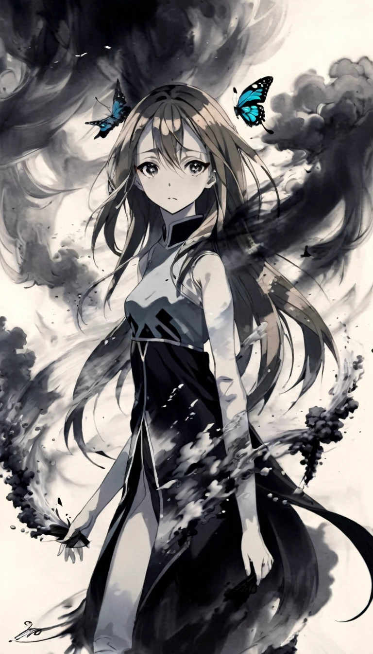 A beautiful young Asuna, with eyes of emotion and dressed elegantly by flowers and butterflies of smoke, charcoal black smoke and black ink strokes with paintbrushes and brushes. With a chaotic city background.