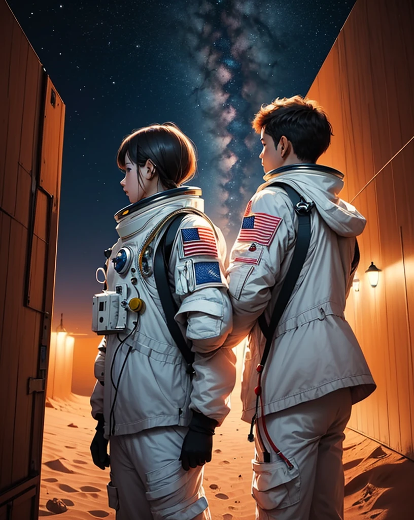 Create a painting of two astronauts standing back-to-back on Mars at night. 