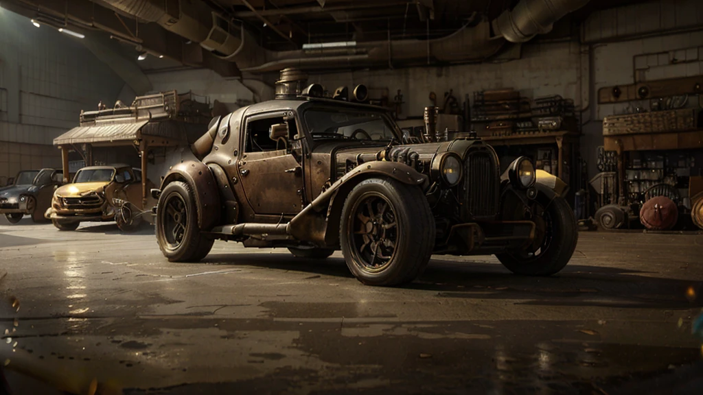 car store, store steampunk, sport car steampunk, Canon, Fujifilm, Wide-Angle, panorama, first-person view, reflection light, ray tracing, 16k, 8k, highres, best quality, award winning, high quality, super detail, high details, masterpiece, accurate