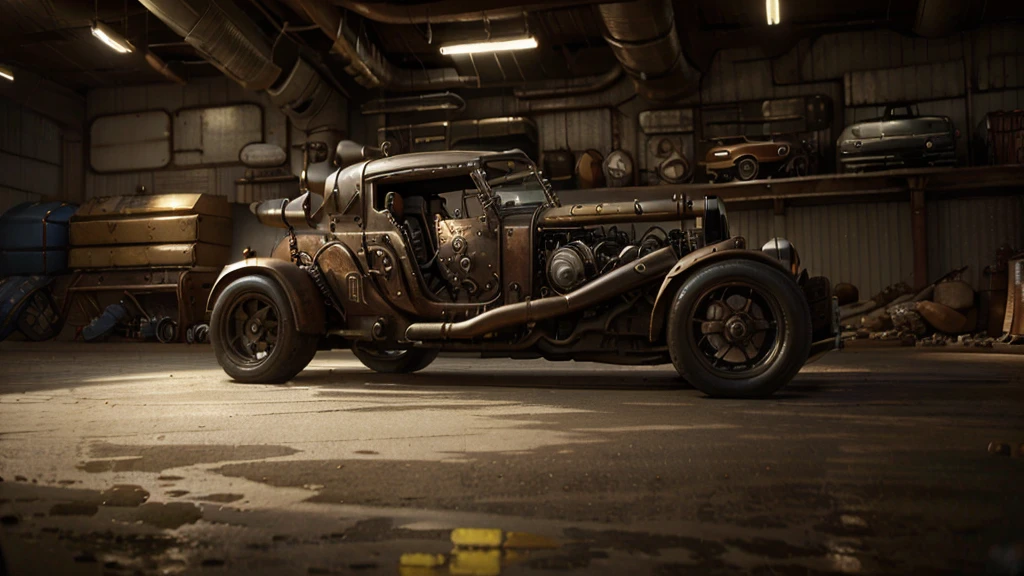 car store, store steampunk, sport car steampunk, Canon, Fujifilm, Wide-Angle, panorama, first-person view, reflection light, ray tracing, 16k, 8k, highres, best quality, award winning, high quality, super detail, high details, masterpiece, accurate