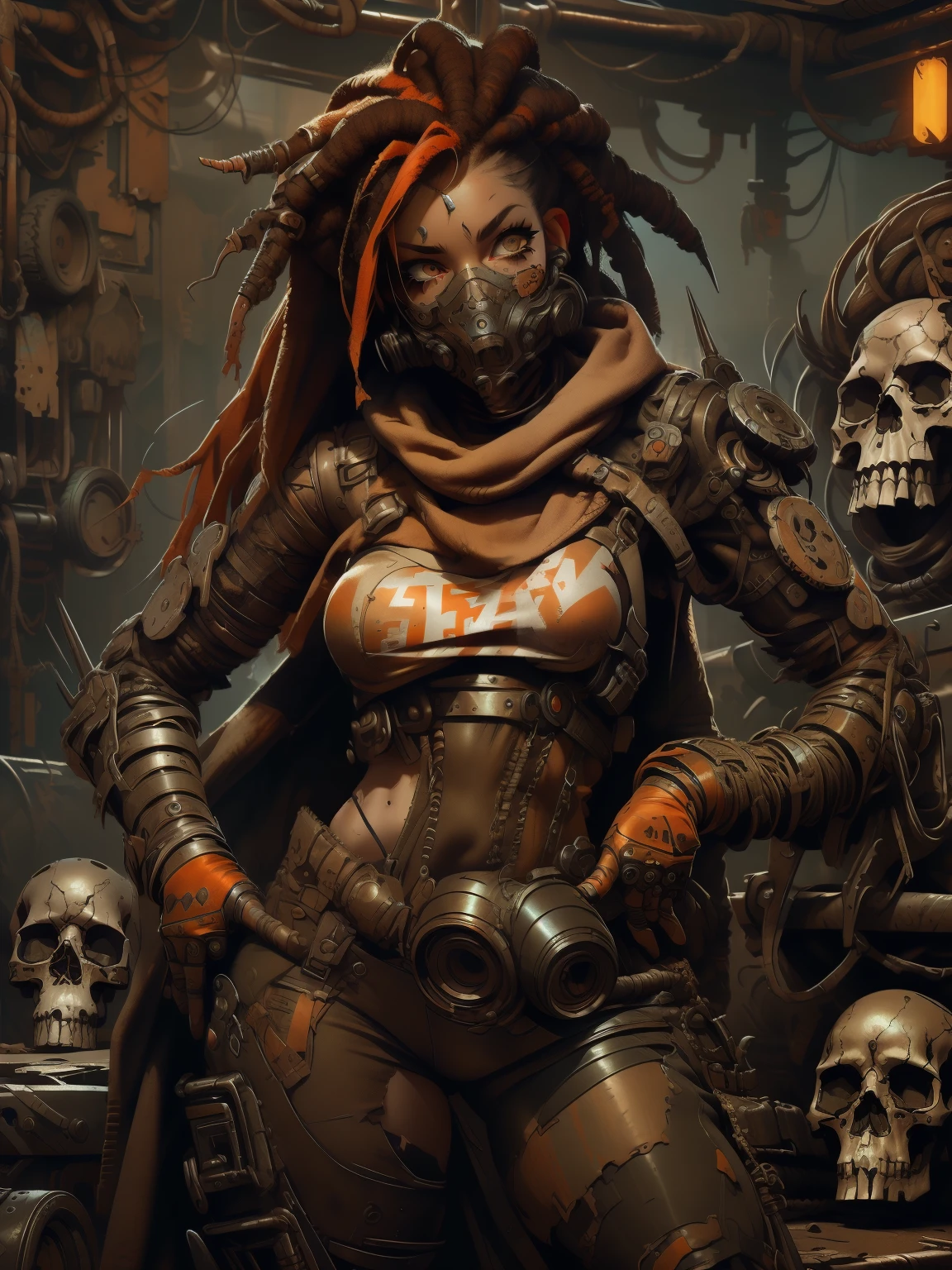 A highly detailed and realistic skull girl,( Anya. Taylor Joy) cyberpunk character, mad max furiosa, one hand robot, cyborg arm, orange hair, dramatic metal heavy rock theme, best quality, 8k, hyperrealistic, photorealistic, extreme detailed painting, studio lighting, vivid colors, dark moody atmosphere, cinematic, dramatic pose, intricate mechanical details, glowing energy effects, intense gritty textures, seamless integration of organic and inorganic elements. Wearing the used clothes of a wastelander. Background: An apocalyptic wasteland. Dusty and depressing.