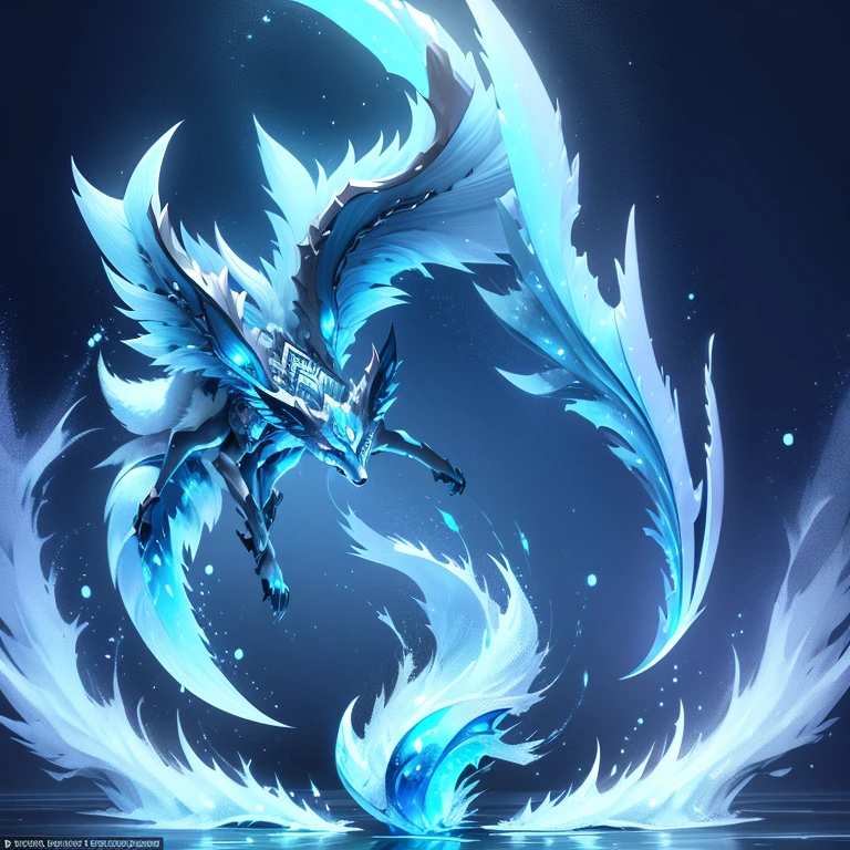 (1 fox) full body, a blue eyes dark blue wolf, a winged four pointy fin ears water wolf with water and ice, ice feathers, ice wings, ice energy around, water background
