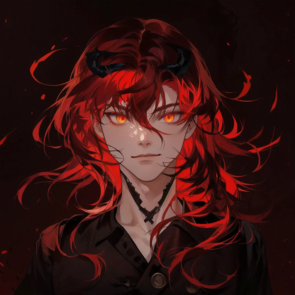a drawing of a man with red hair and yellow eyes, with red glowing eyes, with glowing red eyes, his hair is made out of fire, his eyes are red and glowing, cat like pupils. fiery eyes, red fire eyes, fire hair, crimson fire head, fully red eyes, glowing red eyes, handsome guy in demon slayer art, demon slayer rui fanart, demon anime guy