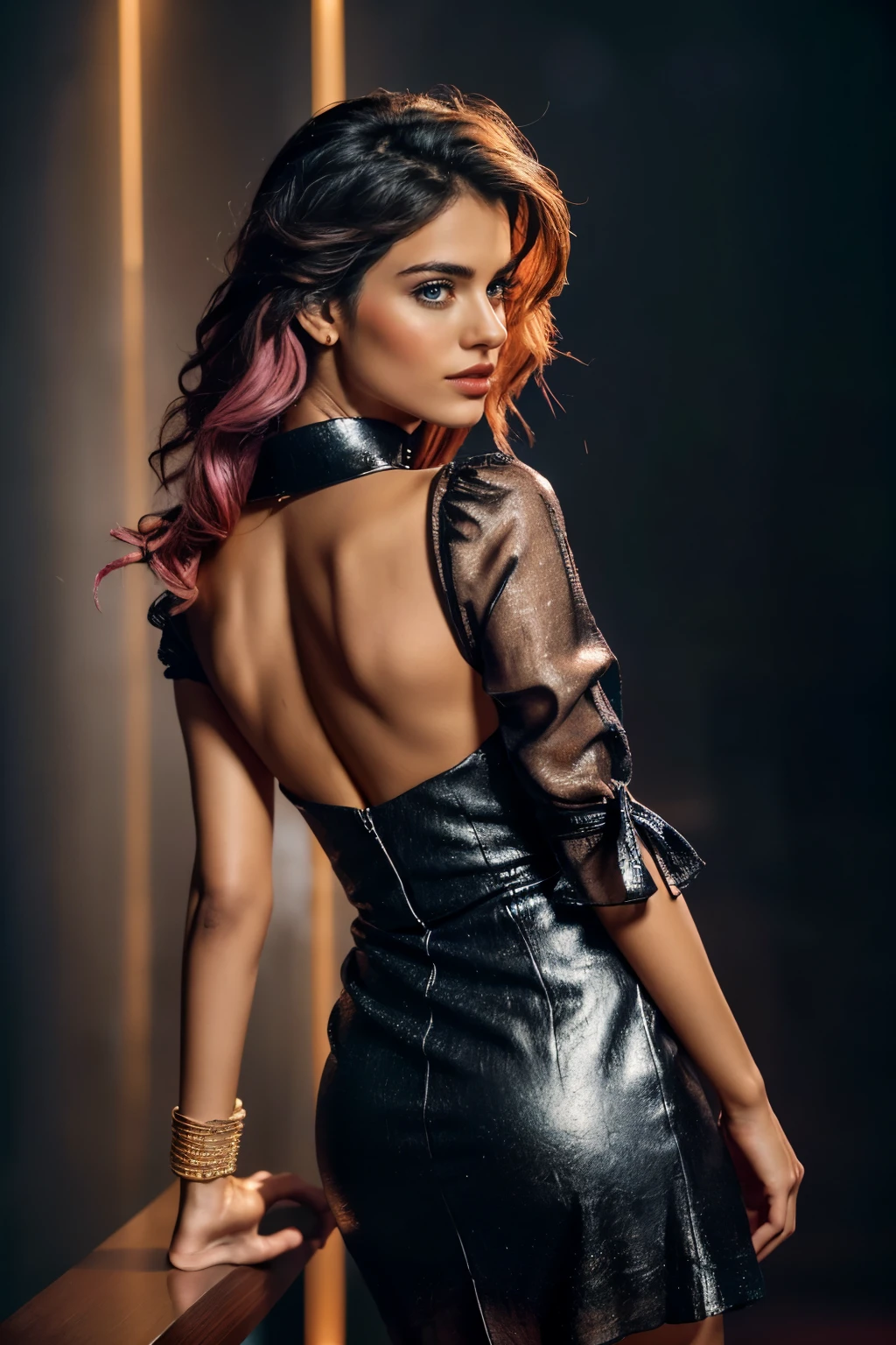 In this photograph, an Indian Instagram female model in her mid-20s takes center stage. , (highly detailed face:1.4) (smile:0.7) (backround 5 star hotel , moody, private study:1.OV, by lee jeffries, nikon d850, film stock photograph ,4 kodak portra 400 ,camera f1.6 lens ,rich colors ,hyper realistic ,lifelike texture, dramatic lighting , cinestill 800, realistic, wearing red pink and black combination cocktail dress Sweetheart neck Short, puff sleeve Tie-up detail on back Above knee length in flounce hem Attached Lining Chiffon fabric, actress, karla ortiz, posing!!, candid picture, by Max Dauthendey,Completing the aesthetic, the model wears a slave collar with a chain around her neck. The photograph is meticulously captured in 8K resolution using cutting-edge techniques such as Cinema 4D and Octane Render, resulting in a highly detailed and photorealistic image. Studio lighting, HDR, and a smoky mist create a captivating ambiance, while the bokeh effect adds an artistic touch.