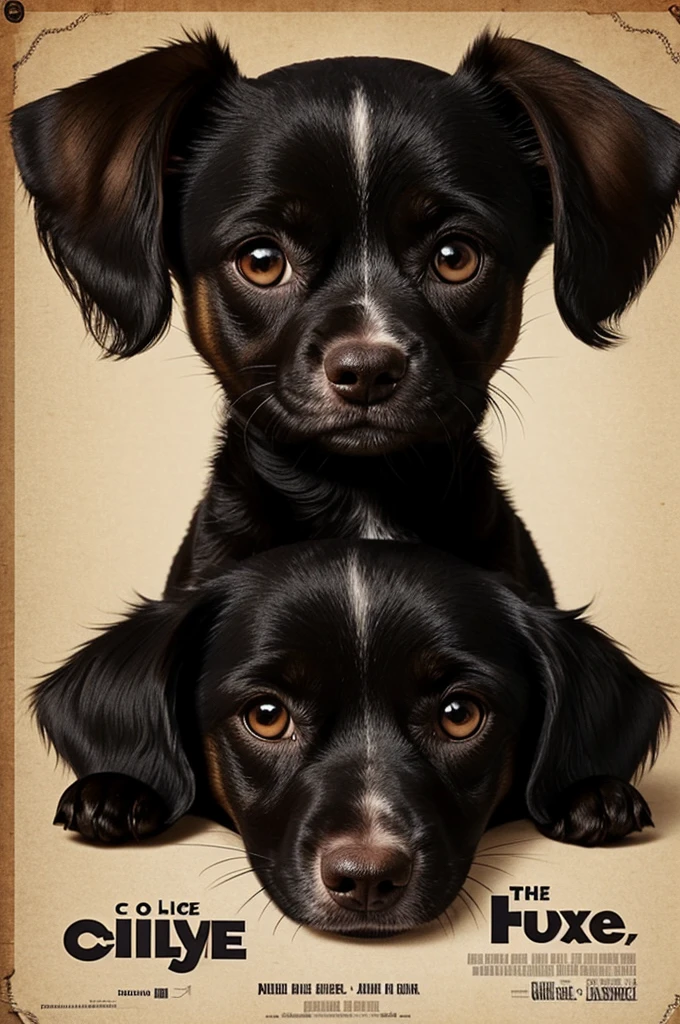Pixar type poster with a title that says Chloe, a small dog, her fur is black with brown, her nose is black and her eyes are brown, and her face is a cute pincher breed.