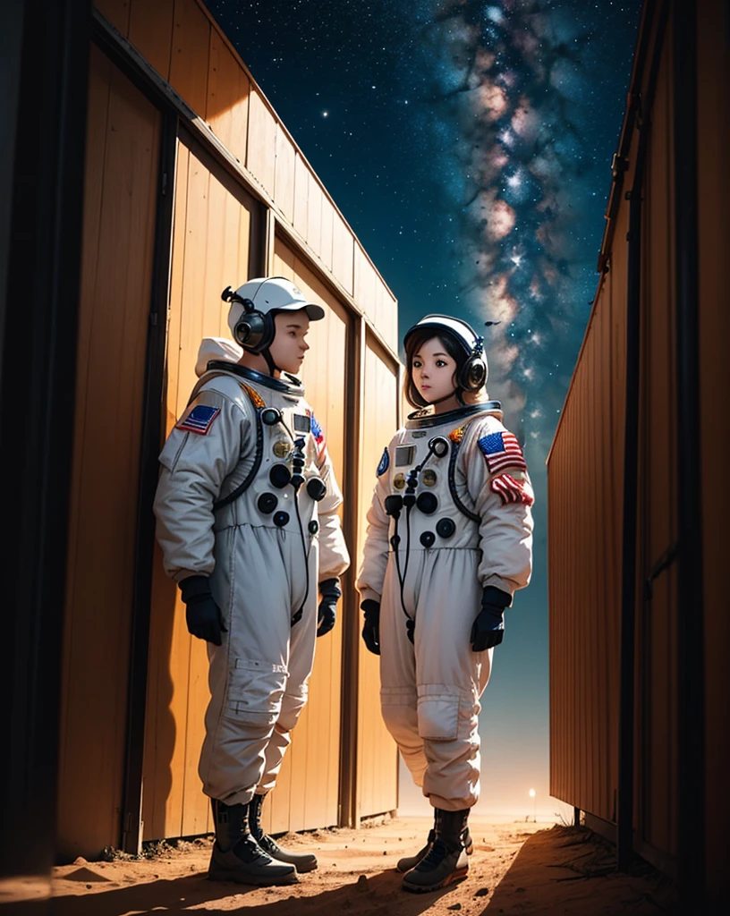 Create a painting of two astronauts standing back-to-back on Mars at night. 