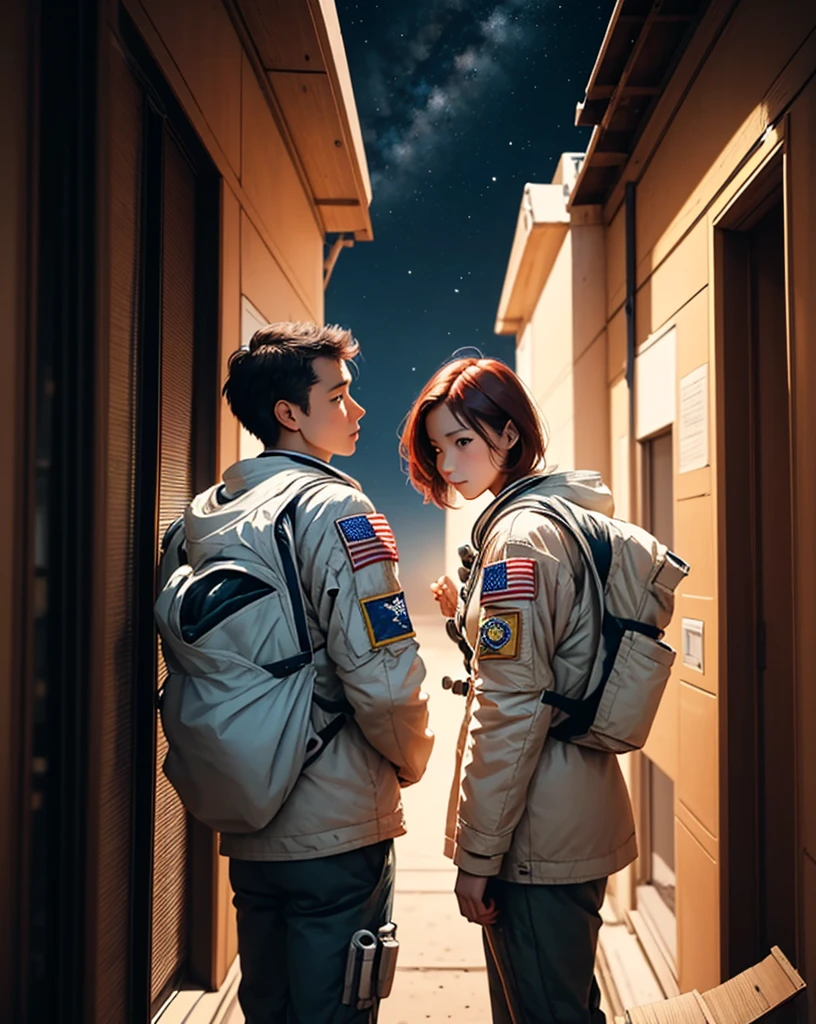 Create a painting of two astronauts standing back-to-back on Mars at night. 