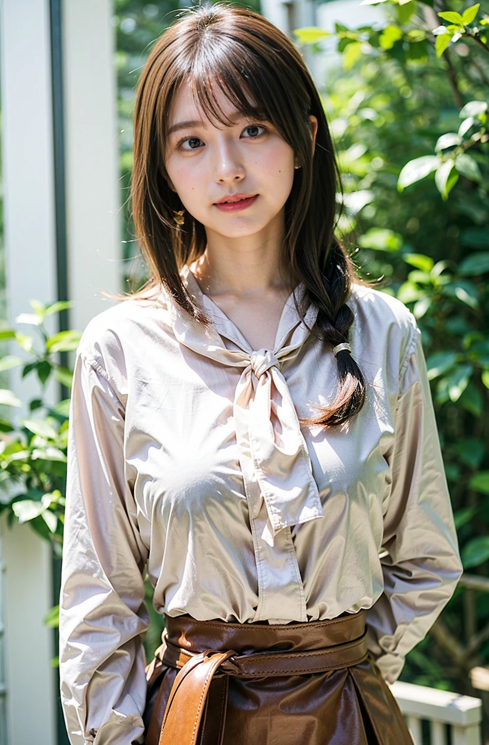 （（Cream hair color、砂浜でsmileで撮影:1.4））、Sleeveless、Outdoor shots、Cute clothes、Tie your hair、Cream hair color、Leather Belt、Her huge breasts are obvious even through her clothes..、Small earrings、Light brown hair color、Tie your hair:1.4））、Shiny Hair、Light beige hair color、Background Blur、Braid only the front hair、Light brown hair、｛｛Cowgirl Shot｝｝、（（Close-up shot from the waist up、Big Breasts:1.4））、Big Breasts、にっこりsmile、Silk clothing、服からでも分かるBig Breasts、Braid only the front hair、Cowboy Shot、A gorgeous white collared silk shirt and a brown skirt、Elegant attire、Luxury Bags、素敵なsmile、（（Revealing clothing））、Full body photo、ring、Short skirt、Tuck your hair behind one ear、Silver Necklace、smile、 Elegant ponytail、Caustics、Highly detailed photos、Very beautiful and ideal short hair、Big Breasts、Super no makeup、(8K、RAW Photos、Highest quality、masterpiece:1.2)、(Realistic、Realistic)、1 Girl、((Big Breastsショートヘア、Looking into the camera:1.4))、Hair blowing in the wind
