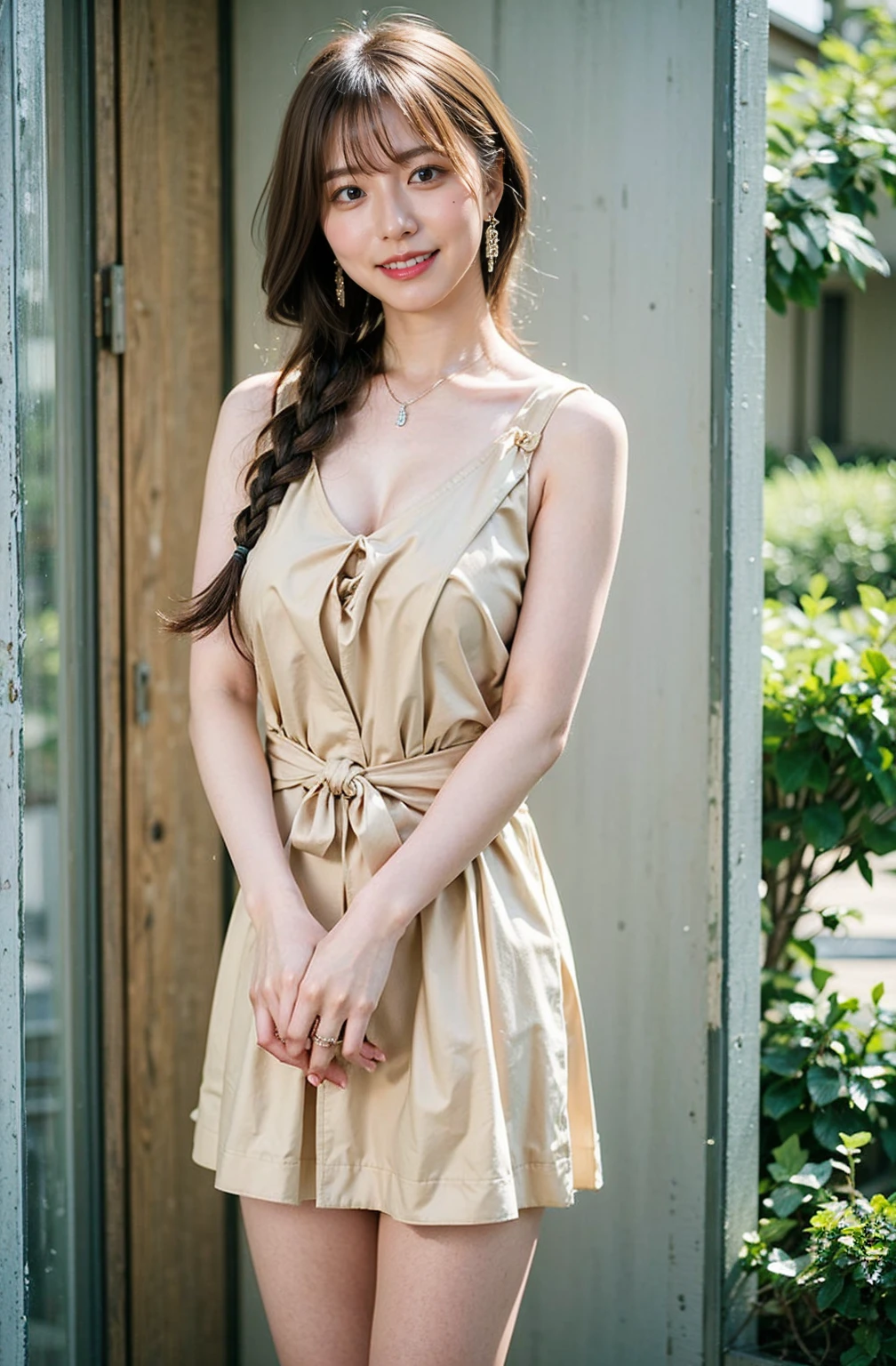 ((Cream hair color、砂浜でsmileで撮影:1.4))、Sleeveless、Outdoor shots、Cute clothes、Tie your hair、Cream hair color、Leather Belt、Her huge breasts are obvious even through her clothes..、Small earrings、Light brown hair color、Tie your hair:1.4))、Shiny Hair、Light beige hair color、Background Blur、Braid only the front hair、Light brown hair、{{Cowgirl Shot}}、((Close-up shot from the waist up、Big Breasts:1.4))、Big Breasts、にっこりsmile、Silk clothing、服からでも分かるBig Breasts、Braid only the front hair、Cowboy Shot、A gorgeous white collared silk shirt and a brown skirt、Elegant attire、Luxury Bags、素敵なsmile、((Revealing clothing))、Full body photo、ring、Short skirt、Tuck your hair behind one ear、Silver Necklace、smile、 Elegant ponytail、Caustics、Highly detailed photos、Very beautiful and ideal short hair、Big Breasts、Super no makeup、(8K、RAW Photos、Highest quality、masterpiece:1.2)、(Realistic、Realistic)、1 Girl、((Big Breastsショートヘア、Looking into the camera:1.4))、Hair blowing in the wind