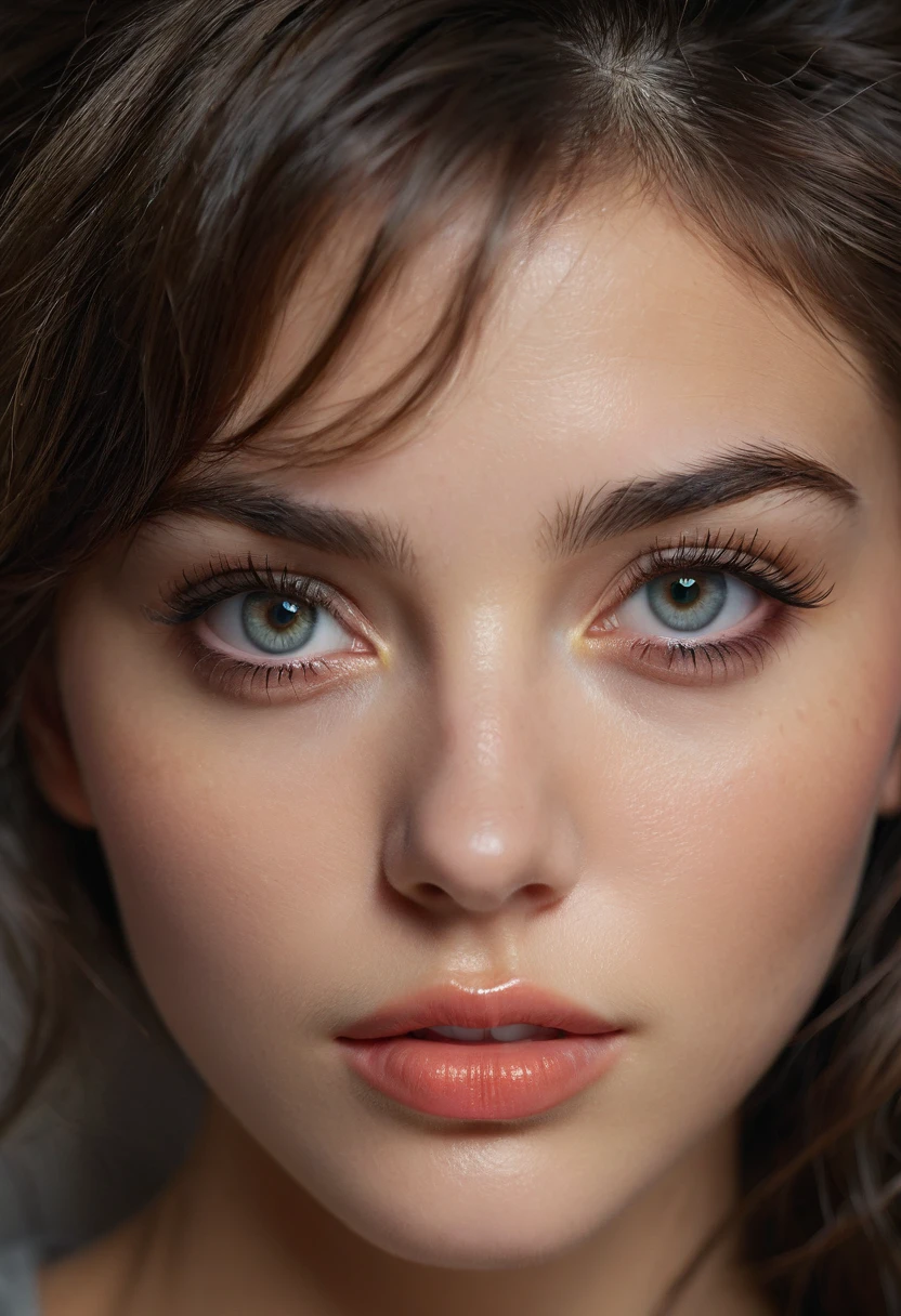 a 25 year old brunette girl, closeup, girl next door, disheveled clothes, night, interior, messy hair, beautiful detailed eyes, beautiful detailed lips, extremely detailed eyes and face, long eyelashes, (best quality,4k,8k,highres,masterpiece:1.2),ultra-detailed,(realistic,photorealistic,photo-realistic:1.37),HDR,UHD,studio lighting,ultra-fine painting,sharp focus,physically-based rendering,extreme detail description,professional,vivid colors,bokeh,portrait