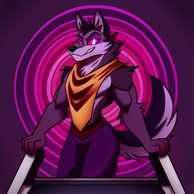 (masterpiece, best quality:1.2), Vortex hellhound, wolf, furry, helluva boss, yellow_tabard, hypnotized with completely spyral glowing purple eyes with no irises or pupils, walking on a treadmill with arms extended in front like a zombie, full body image, profile picture