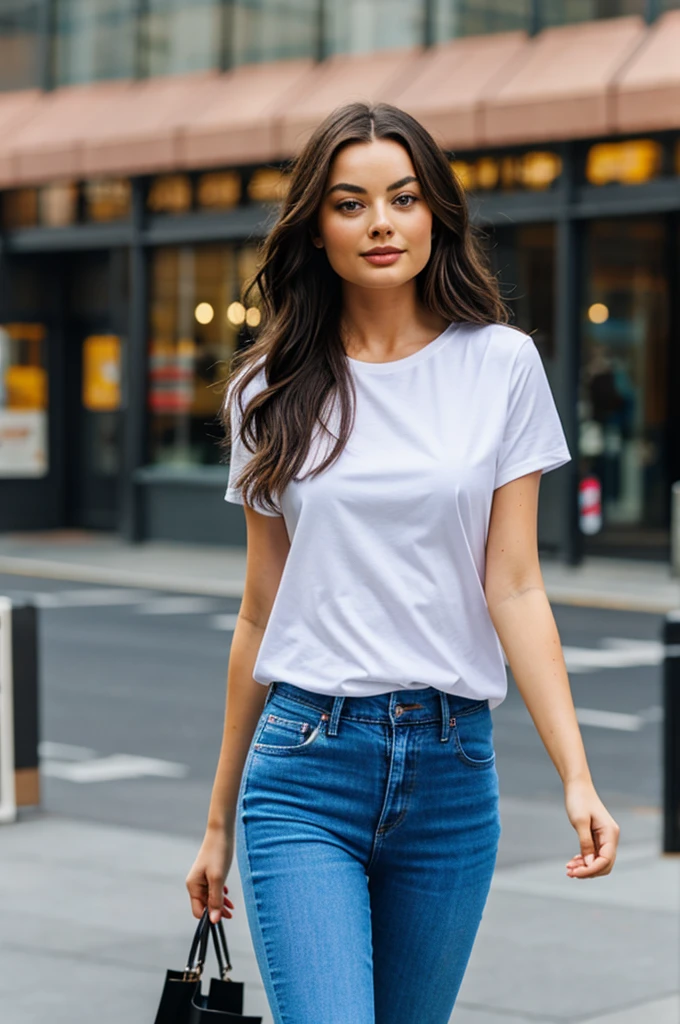 beautiful woman with long dark hair, similar to margot robbie, face in extremely detailed and high quality 4k, girl shopping woman bag in hand, high heels, jeans and white t-shirt, shopping center background