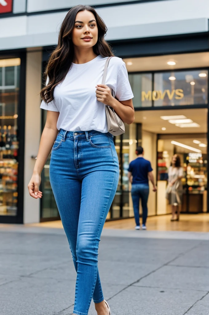 beautiful woman with long dark hair, similar to margot robbie, face in extremely detailed and high quality 4k, girl shopping woman bag in hand, high heels, jeans and white t-shirt, shopping center background