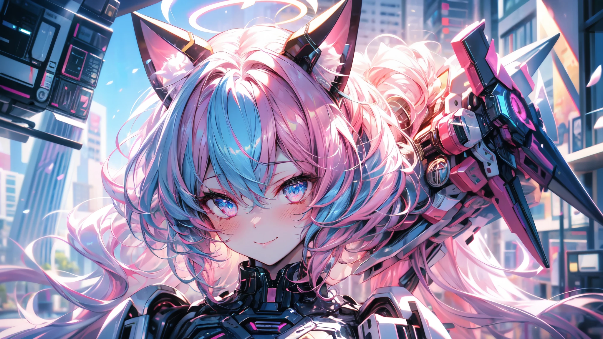 fake animal ears, light smile, ear blush, canine, pink hair, hits, Curly hair, side braid, halo, killed, animal ears, cat ears, surrealism, drop shadow, anaglyph, stereogram, Tachi-e, to throw, atmospheric perspective, 8k, super detail, necessary, Best Quality