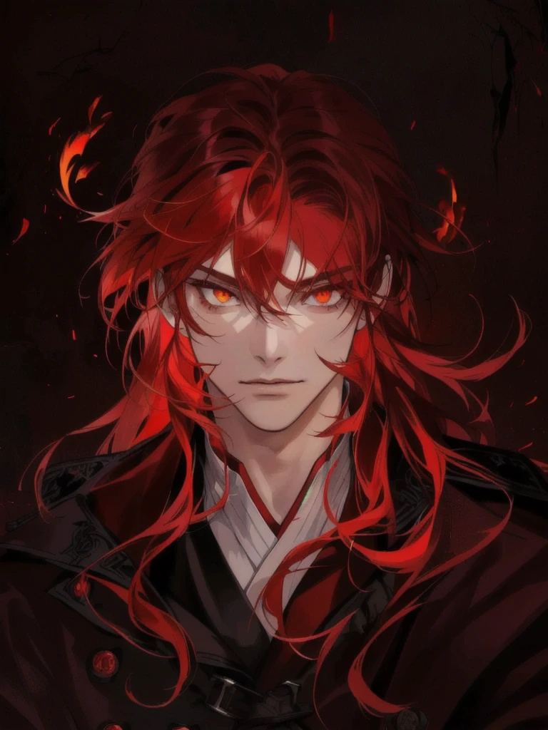 a drawing of a man with red hair and yellow eyes, with red glowing eyes, with glowing red eyes, his hair is made out of fire, his eyes are red and glowing, cat like pupils. fiery eyes, red fire eyes, fire hair, crimson fire head, fully red eyes, glowing red eyes, handsome guy in demon slayer art, demon slayer rui fanart, demon anime guy
