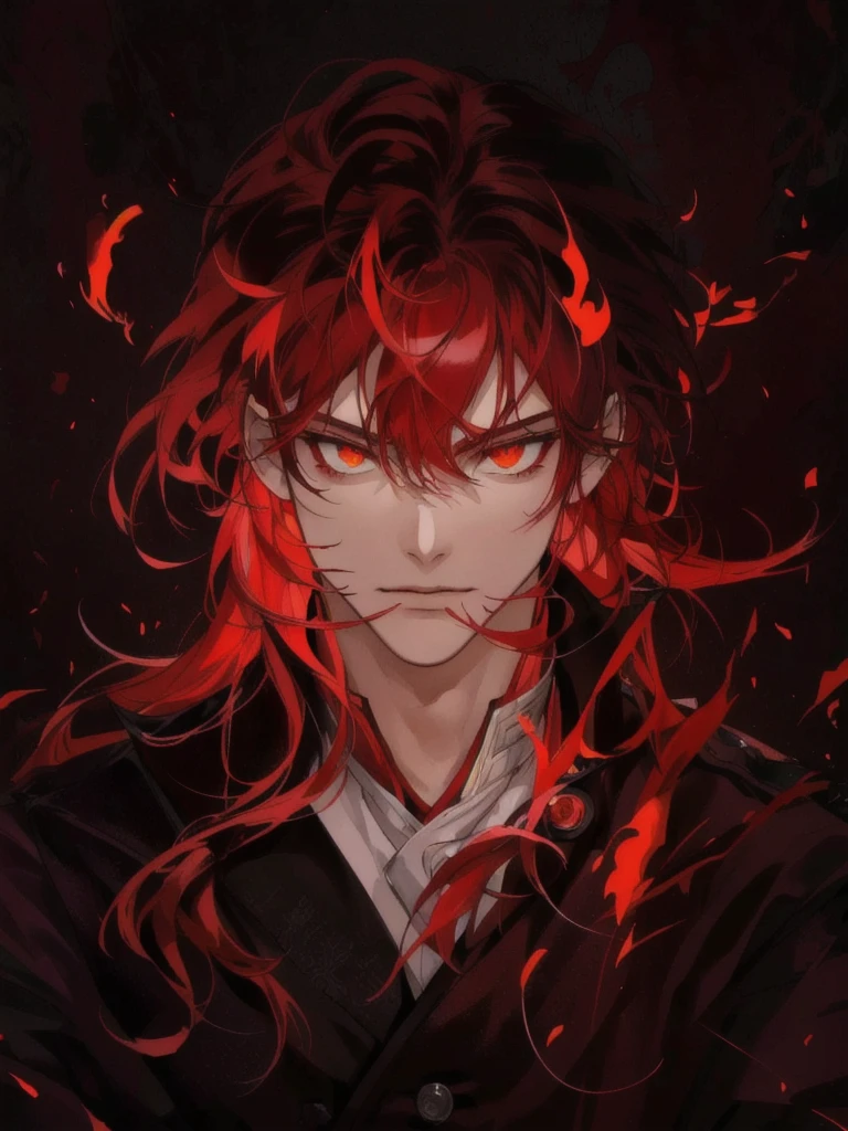 a drawing of a man with red hair and yellow eyes, with red glowing eyes, with glowing red eyes, his hair is made out of fire, his eyes are red and glowing, cat like pupils. fiery eyes, red fire eyes, fire hair, crimson fire head, fully red eyes, glowing red eyes, handsome guy in demon slayer art, demon slayer rui fanart, demon anime guy