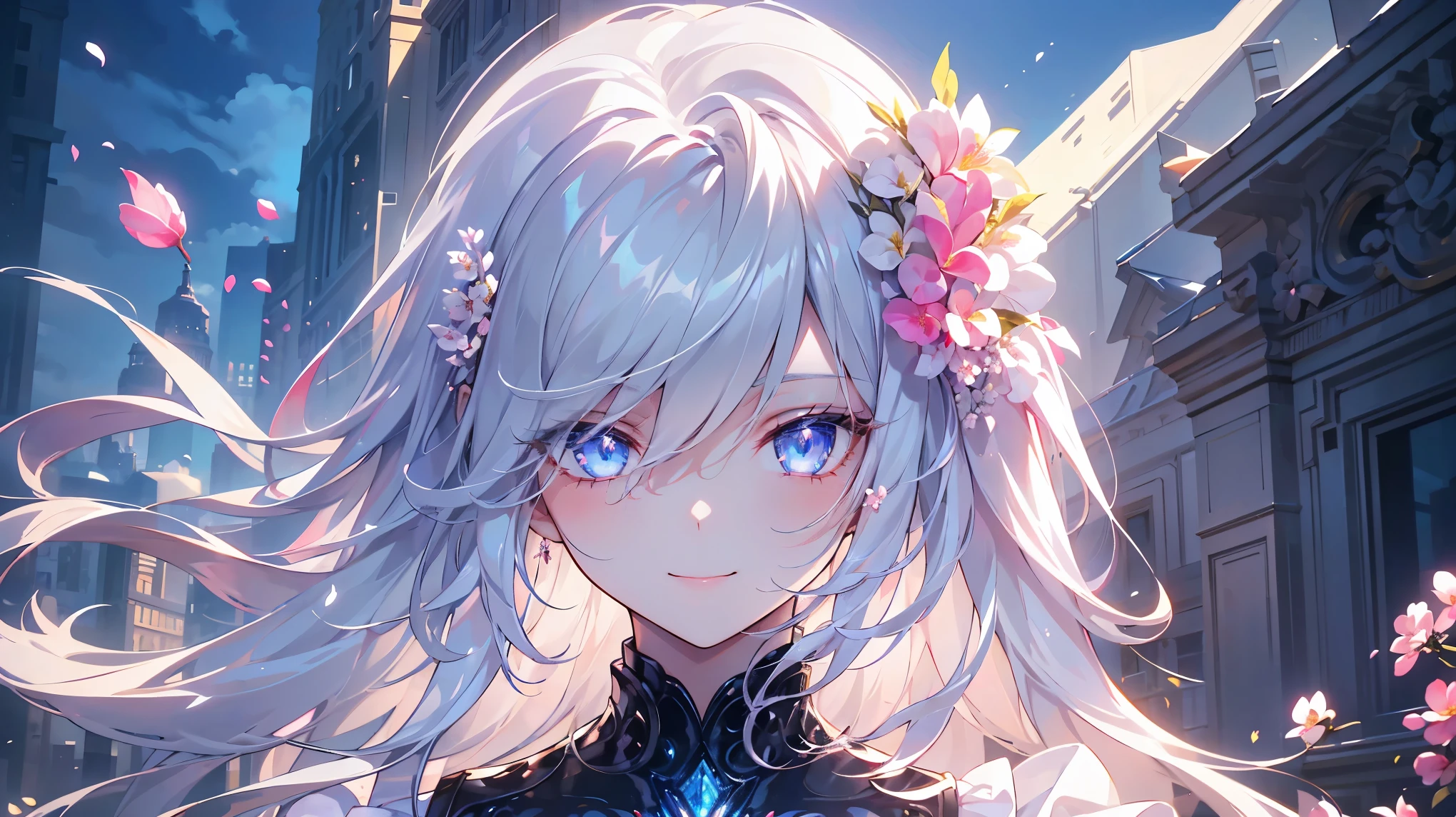 masterpiece, best quality,, 1girl, (colorful),(finely detailed beautiful eyes and detailed face),cinematic lighting,bust shot,extremely detailed CG unity 8k wallpaper,white hair,solo,smile,intricate skirt,((flying petal)),(Flowery meadow), sky, cloudy_sky, building, moonlight, moon, night, (dark theme:1.3), light, fantasy,
