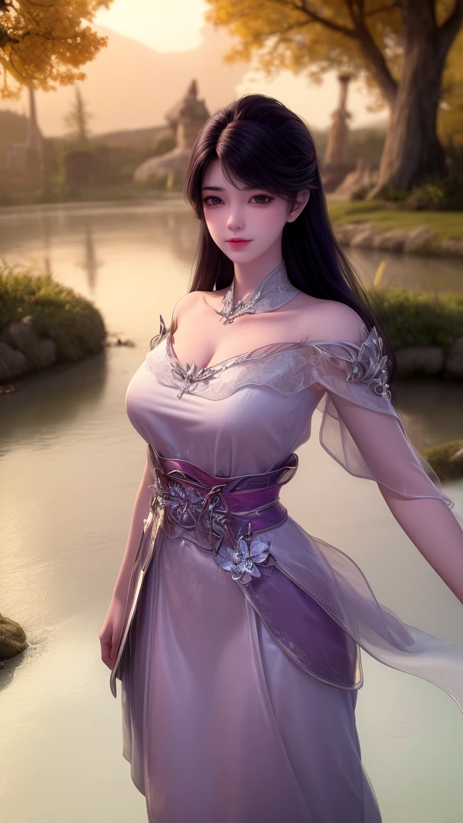 light particles, halo, (bioluminescent:0.95), bioluminescent, piercing glare, vibrant, (((colourful))), color, (glowing, glow),ancient customs, wind blow, blossom, pond, night, moon relection in the pond, reflection light, depth of field, from behind, multiple views, delicated best quality ,masterpiece, illustration, an extremely delicate and beautiful, extremely detailed ,CG ,unity ,8k wallpaper, Amazing, finely detail, masterpiece,best quality,official art,extremely detailed CG unity 8k wallpaper,absurdres, incredibly absurdres, huge filesize , ultra-detailed, highres, extremely detailed,beautiful detailed girl, extremely detailed eyes and face, beautiful detailed eyes,light on face,1girl, (Super realistic), (black hair), (hair over one eye), (single braid hair), (rainbow eyes), ((hair ornament)), ((jewelry)), (hair jewelry), (((describe the arm in detail))), (((Super ))), ((sagging breasts)), ((Plump body)), (Big breasts), (thighs), ((Plump )),, (detailed description of hair), ((upper body)), (Bare shoulder), ((collarbone)), (off shoulder), (Shiny skin), (detailed description of face), (Extremely detailed description of the eyes), (detailed description of body), (white and translucent skin), peerless beauty, (extreme beauty), (red lips), (shy ), (seductive smile), ((gothic tia dress)), (every pose)