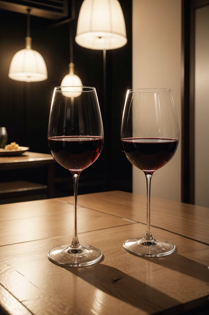 two glasses of wine on a table, in an exotic space