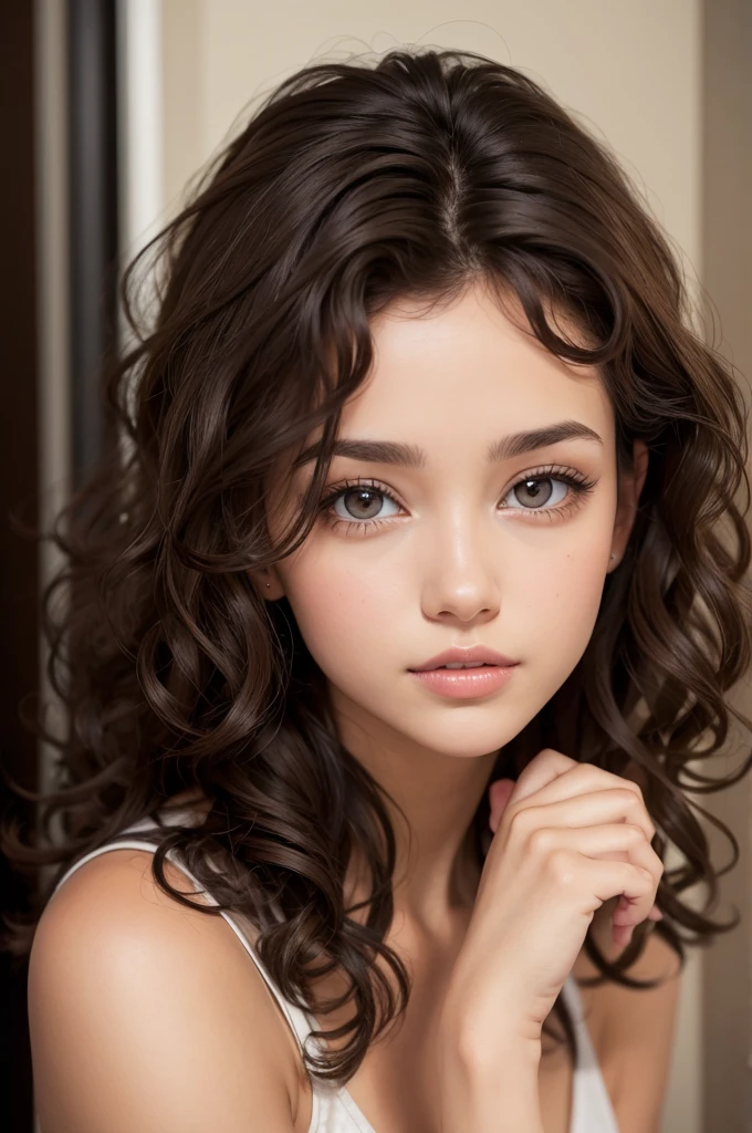 Dark brunette with curly hair brown eyes