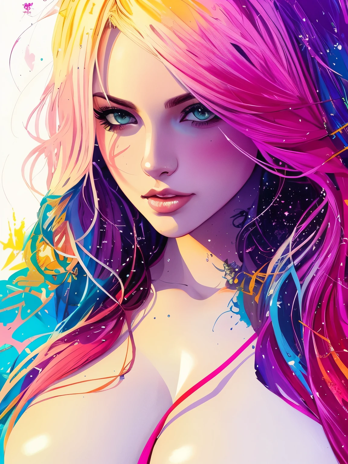 An ultra hot gorgeous European woman. Age 23.blonde hair. sexy girl, key visual, intricate, highly detailed, breathtaking beauty, precise lineart, vibrant, comprehensive cinematic, Carne Griffiths, Conrad Roset, full body view, ((big tits))