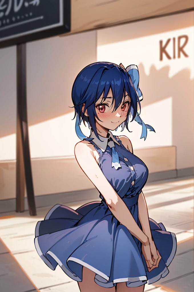 (extremely detailed CG unity 8k wallpaper), (masterpiece), (best quality), (ultra-detailed), (best illustration), (best shadow), (absurdres), 1girl, solo, looking at viewer, blush, smile, tsugumi seishirou, large breasts, hair bow, (blue dress, collared dress, bare shoulders,  bare arms), arms behind back, street