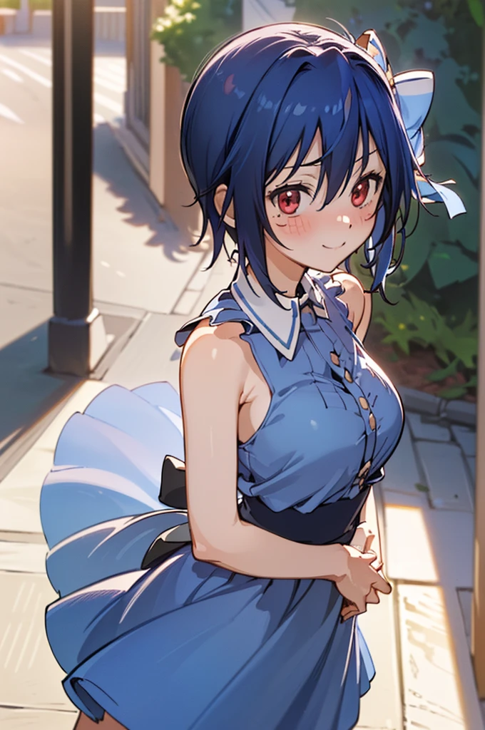 (extremely detailed CG unity 8k wallpaper), (masterpiece), (best quality), (ultra-detailed), (best illustration), (best shadow), (absurdres), 1girl, solo, looking at viewer, blush, smile, tsugumi seishirou, large breasts, hair bow, (blue dress, collared dress, bare shoulders,  bare arms), arms behind back, street