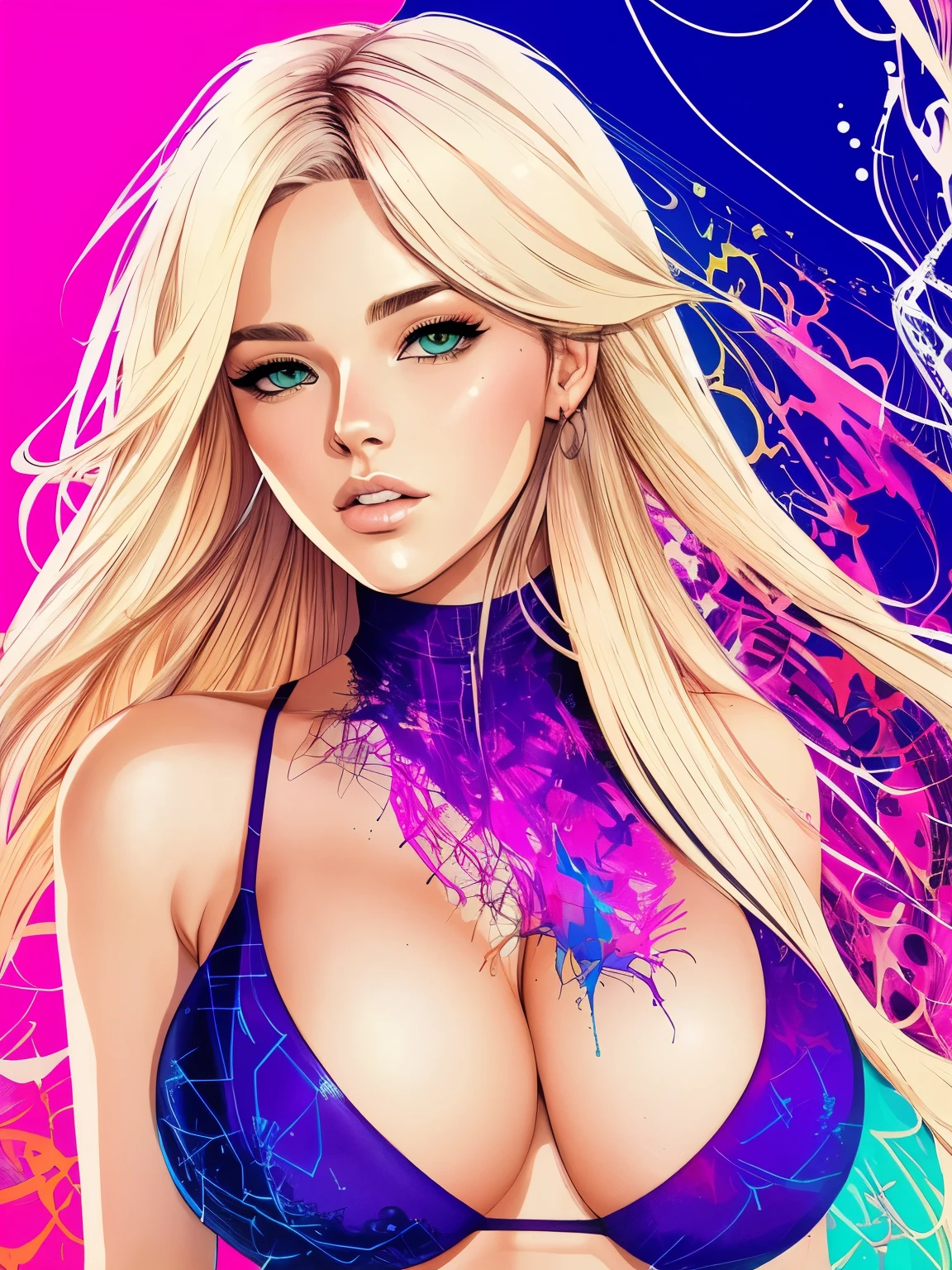 An ultra hot gorgeous European woman. Age 23.blonde hair.  girl, key visual, intricate, highly detailed, breathtaking beauty, precise lineart, vibrant, comprehensive cinematic, Carne Griffiths, Conrad Roset, full body view, ((big ))