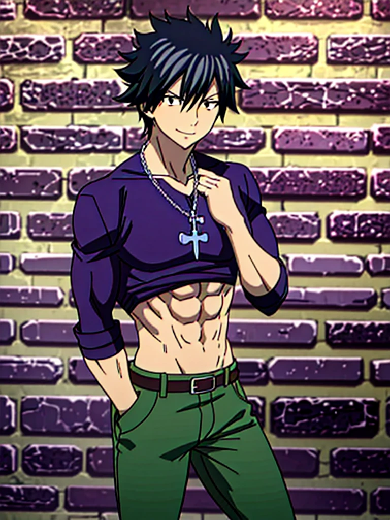 masterpiece, best quality, gray_fullbuster, 1boy, upper body, abs,cross necklace, looking at viewer, brick wall, black eyes, light smile, (Purple colard Shirt), Green pants, Red shose, Long pants, Full body, belt,