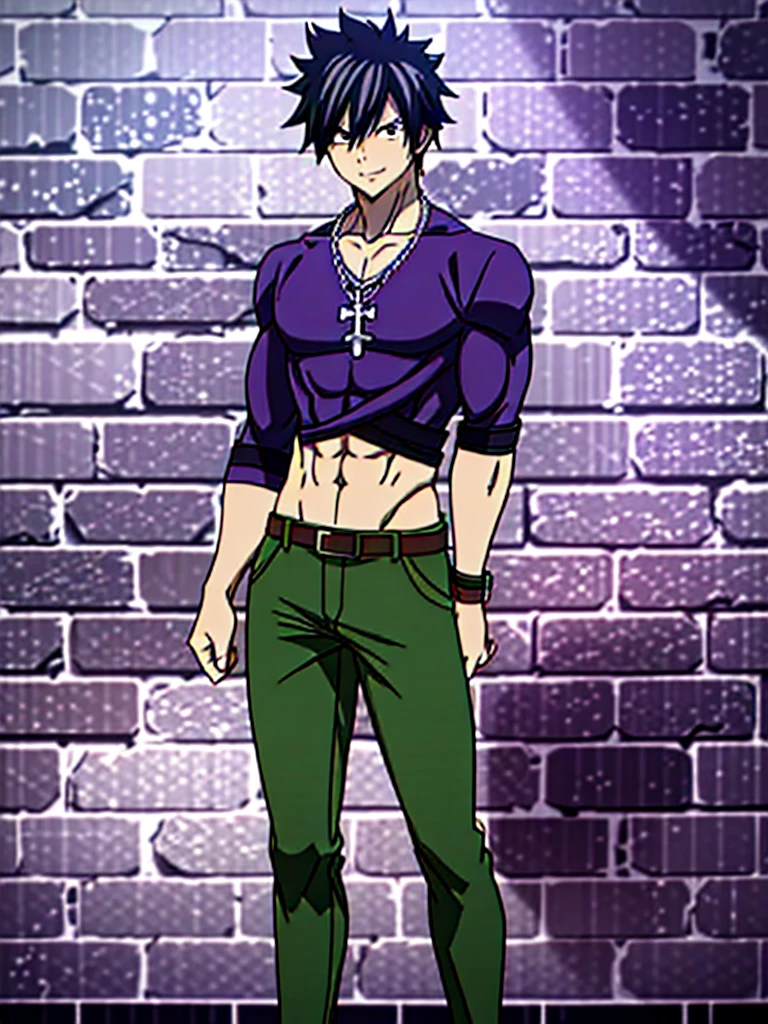 masterpiece, best quality, gray_fullbuster, 1boy, upper body, abs,cross necklace, looking at viewer, brick wall, black eyes, light smile, (Purple colard Shirt), Green pants, Red shose, Long pants, Full body, belt,
