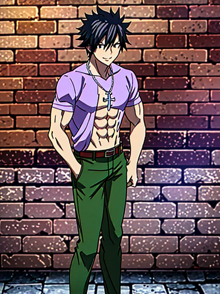 masterpiece, best quality, gray_fullbuster, 1boy, upper body, abs,cross necklace, looking at viewer, brick wall, black eyes, light smile, (Purple colard Shirt), Green pants, Red shose, Long pants, Full body, belt,