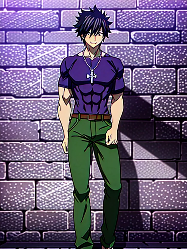 masterpiece, best quality, gray_fullbuster, 1boy, upper body, abs,cross necklace, looking at viewer, brick wall, black eyes, light smile, (Purple colard Shirt), Green pants, Red shose, Long pants, Full body, belt,
