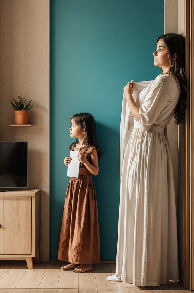 A drawing where a young woman wants to leave home and her mother doesn't want her to leave