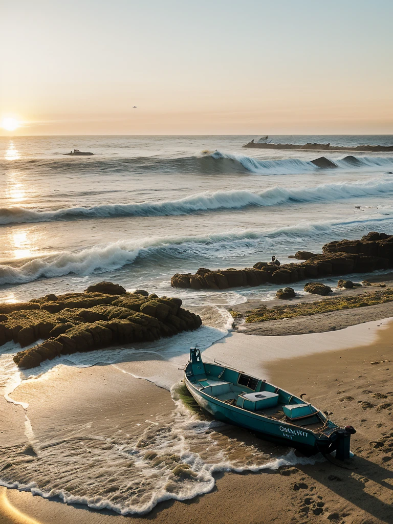 Sunrise on beach with waves on sea and forest behind, seagulls in air, small birds on sand, boat on water