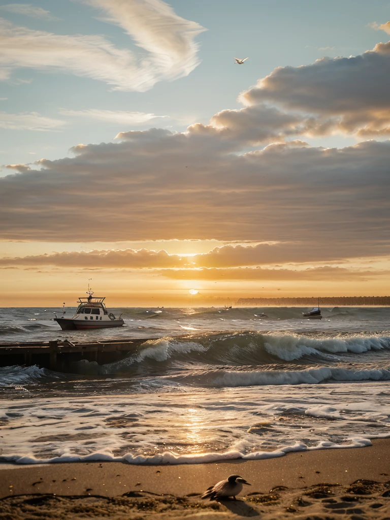 Sunrise on beach with waves on sea and forest behind, seagulls in air, small birds on sand, boat on water
