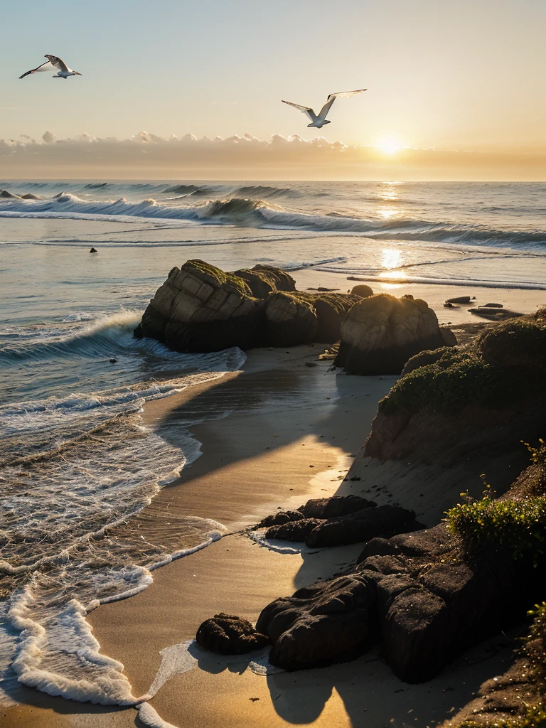 Sunrise on beach with waves on sea and forest behind, seagulls in air, small birds on sand, boat on water