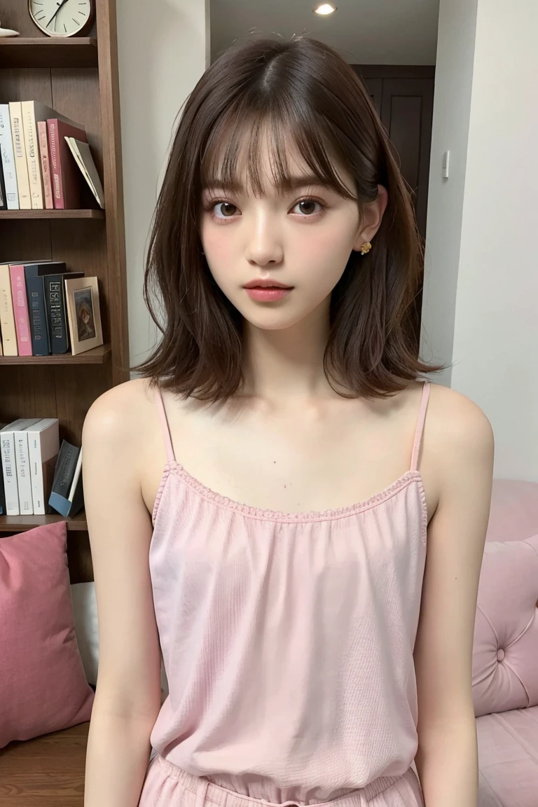 (Highest quality, Very cute girl) Thin and thin eyebrows　Light pink camisole, (amazingly beautiful breasts)  gravure　Side Shot, Looking at the audience, 16 years old　 Beautiful straight bob hair　flowing bangs　Small Head, Medium chest, Sharp focus, Fine skin, Eyes and Face　The background is beautiful and wide..  Luxurious and beautiful living room　Bookshelf　Open book