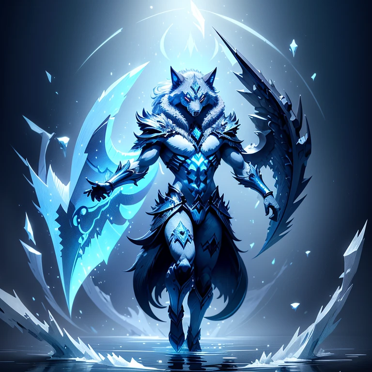 (1 wolf) full body, a blue eyes dark blue wolf, a winged four pointy fin ears water wolf with water and ice, ice feathers, ice wings, ice energy around, water background
