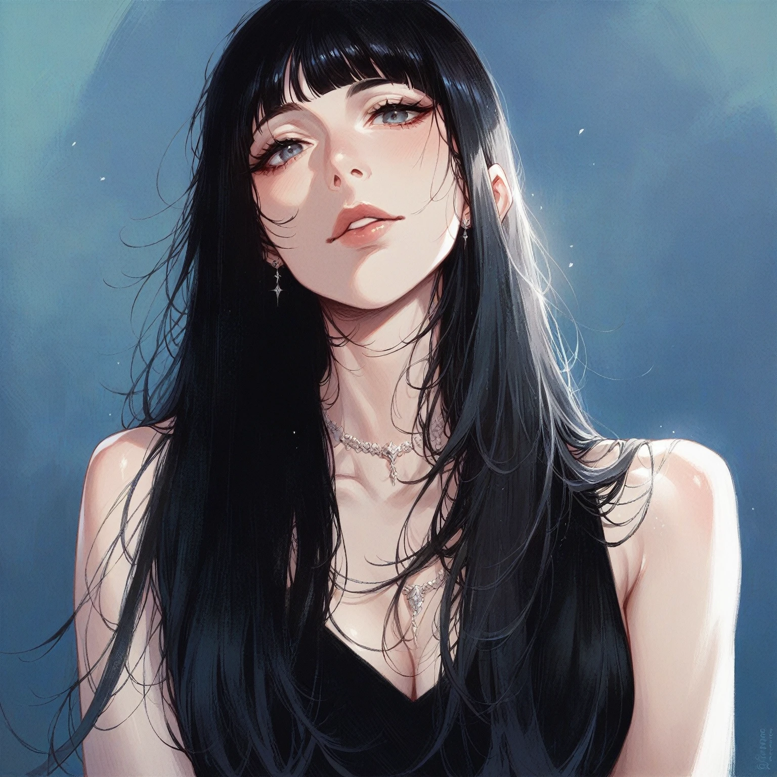 beautiful woman with long black hair with black dress