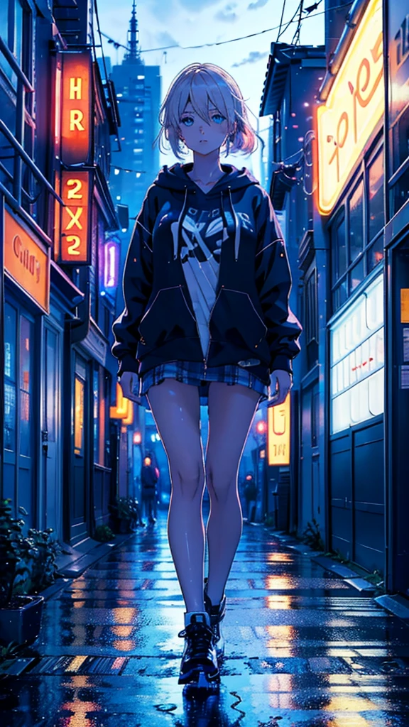 A young woman from the city, with blond hair and bright blue eyes, is walking through the streets, surrounded by a lively and pulsating city. The night is dark, but the light of the city's neons illuminates your face, creating a dramatic contrast with the darkness. The rain falls softly on her, creating a soft and musical sound. She is dressed in cute and colorful clothes, which shine under the light of neons. The young woman seems to be a part of the city, her skin shining with a touch of magic. She seems to be an attractive and mysterious figure, her serene expression and her relaxed posture. The scene conveys a sense of harmony and connection with the city, as if the young woman were an integral part of the urban world that surrounds her.
