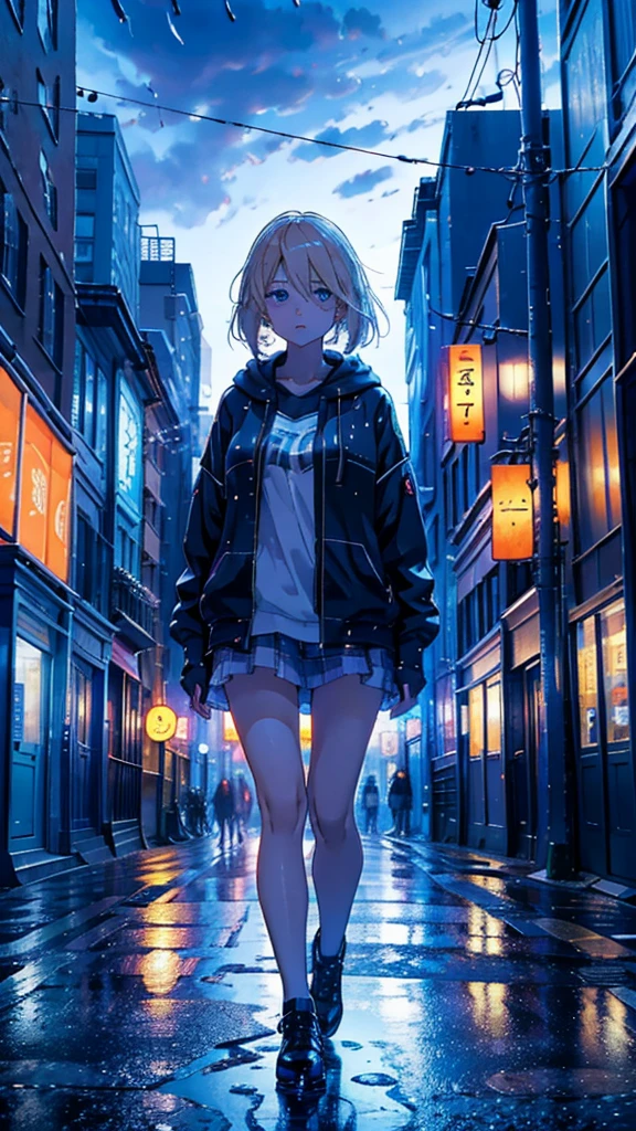 A young woman from the city, with blond hair and bright blue eyes, is walking through the streets, surrounded by a lively and pulsating city. The night is dark, but the light of the city's neons illuminates your face, creating a dramatic contrast with the darkness. The rain falls softly on her, creating a soft and musical sound. She is dressed in cute and colorful clothes, which shine under the light of neons. The young woman seems to be a part of the city, her skin shining with a touch of magic. She seems to be an attractive and mysterious figure, her serene expression and her relaxed posture. The scene conveys a sense of harmony and connection with the city, as if the young woman were an integral part of the urban world that surrounds her.