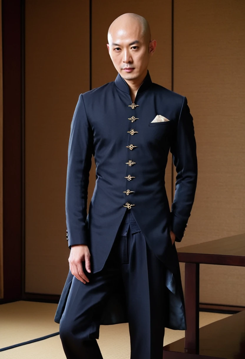 half body picture of a bald japanese model man, small head, wearing an elegant western dress, pants, in an elegant room