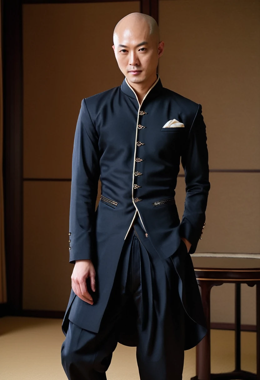 half body picture of a bald japanese model man, small head, wearing an elegant western dress, pants, in an elegant room