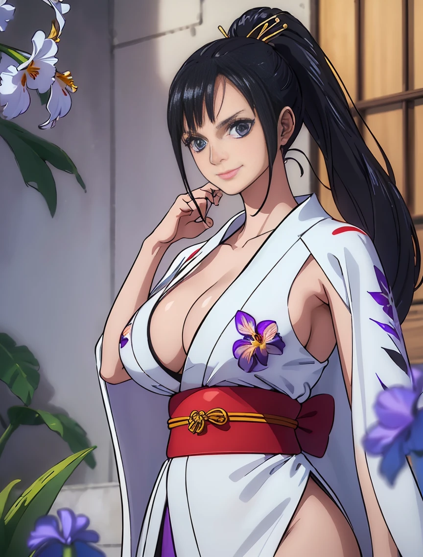 ((((Very nice smile))))、((Direct your gaze this way))、1 girl,NsfW,(one peace wanokuni edition)、((ponytail、Red ribbon on the tie)) 、((they say olobi))、((A very sexy mini kimono　dress with a large slit、(((Kimono obi)))、(((The white kimono is decorated with purple iris flowers)))、((Wearing a black haori with a red lining)),Exposed underboob)):1.2, White costume,((Short costume)),nico robin,(ONEPIECE),((Huge breasts 1.8)), clavicle, Glowing purple eyes,absurdists, brainwashing,Hollow Eyes, ((Expressionless, Emotional removal)),avert your eyes , Full body portrait, Outdoor,Dim Alley,night, (highest quality、4K、8K、High resolution、Must have:1.2)、Very detailed、(reality、It is realistic.、Realistic:1.37)、ticker、hyper HD、Studio Lighting、Ultra High Definition Paint、Sharp focus、Physically Based Rendering、Extreme Detail、Professional specifications、Vibrancy and color、Blurred、Sports portrait、landscape、Horror Style、Anime Big Tits、sf、photograph、Concept Artist、Five Fingers, Perfect body,  {{{masterpiece}}}, {{{highest quality}}}, {{Very detailed}}, {shape}, {{Very delicate and beautiful}},Improved cost performance、all roles、Canon 5D MK4でphotograph、photograph, 